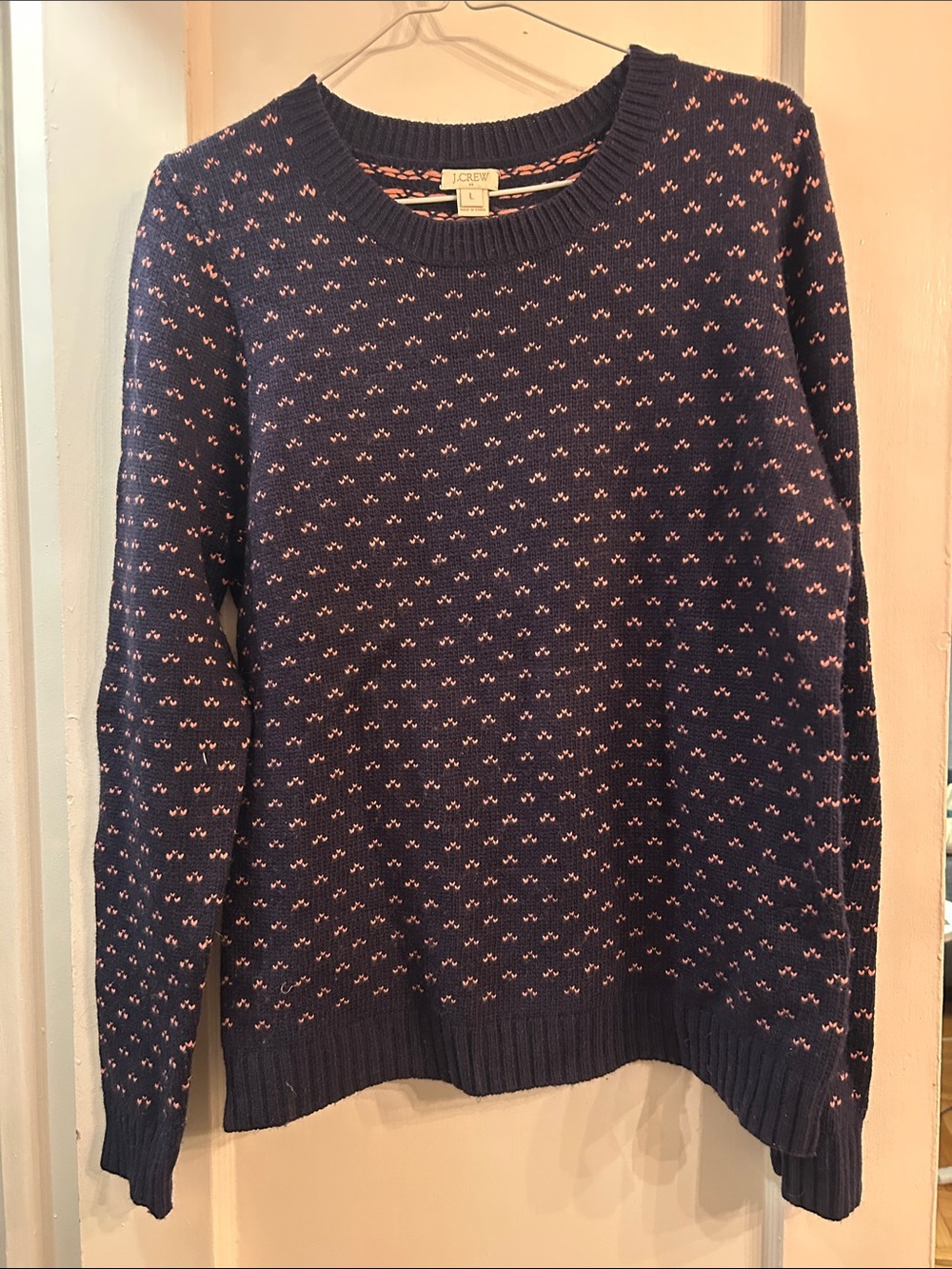 J. Crew Navy Crewneck Sweater with Pink Micro-Dot Knit